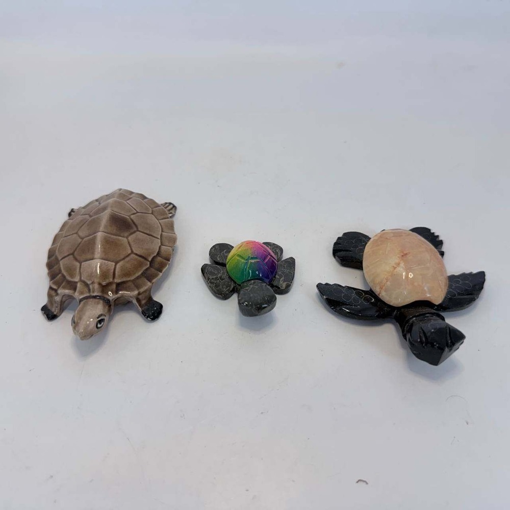 Set of 3 Turtle Figurines Ceramic and Hand Carved Stone Ecuador Rainbow Shell